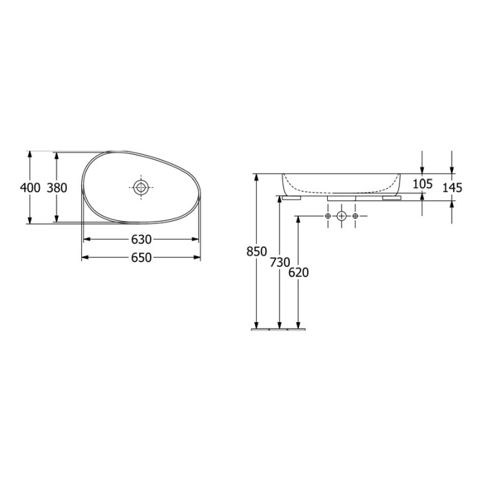 Lavoar pe blat, Villeroy & Boch, Antao, oval, asimetric, 65 cm, alb mat [2]