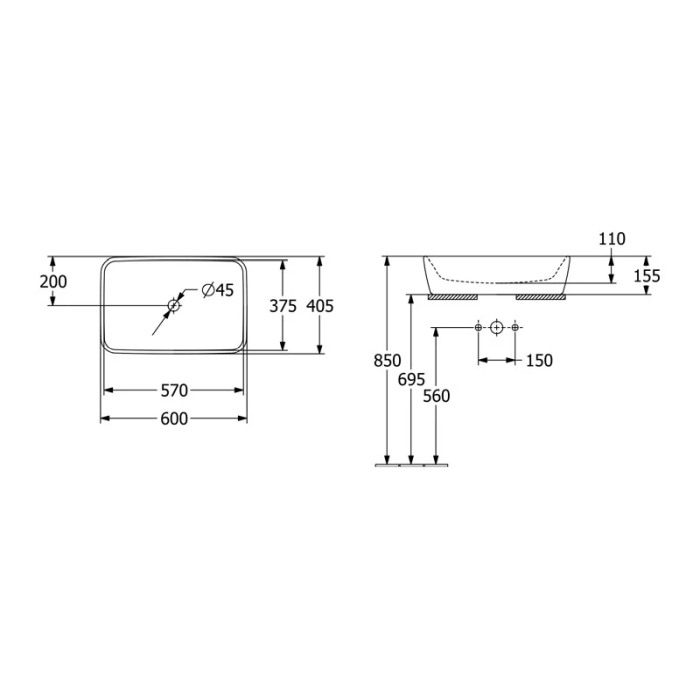 Lavoar pe blat, Villeroy & Boch, Architectura, dreptunghiular, 60 x 40,5 cm, cu preaplin, alb [2]