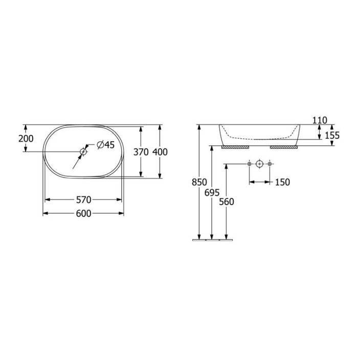 Lavoar pe blat, Villeroy & Boch, Architectura, oval, 60 x 40 cm, cu preaplin, alb [2]