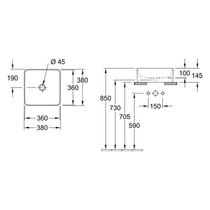 Lavoar pe blat, Villeroy & Boch, Collaro, patrat, 38 cm, alb [2]