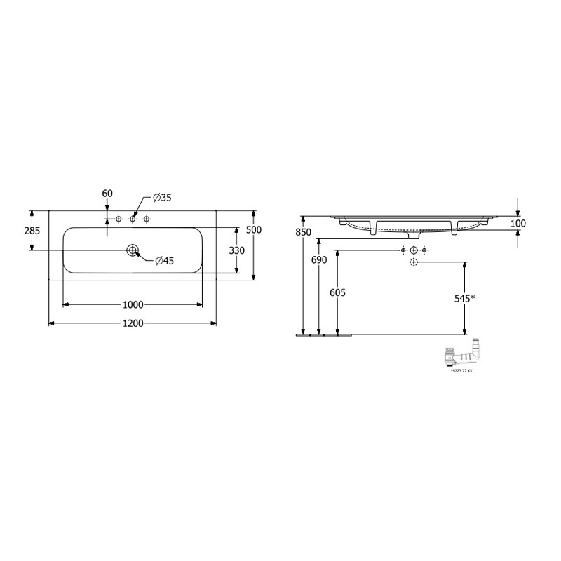 Lavoar pentru mobilier Villeroy & Boch, Finion 120 cm, Ceramic+, cu orificiu baterie, fără preaplin, stone white [3]