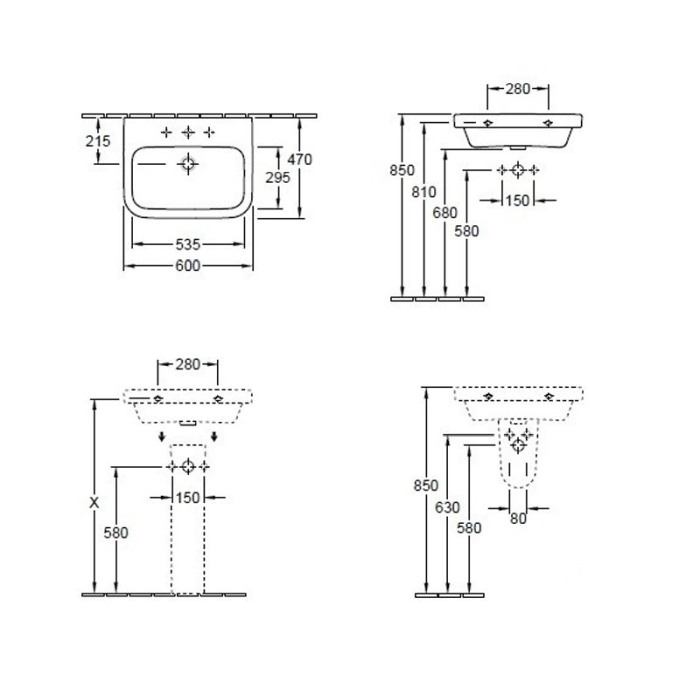 Lavoar suspendat Villeroy-Boch, Architectura, dreptunghiular, 60 cm, alb [2]