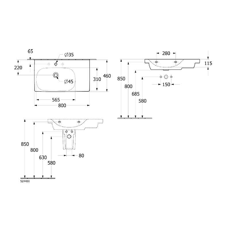 Lavoar suspendat Villeroy & Boch Skyla 80 cm, TitanCeram, alb alpin [8]