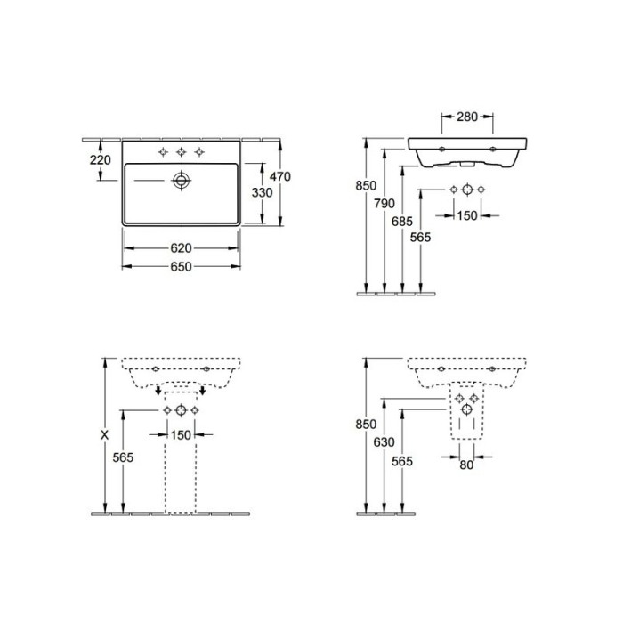Lavoar Villeroy & Boch, Avento, 65 cm, dreptunghiular, cu orificu pentru baterie si preaplin, alb [2]