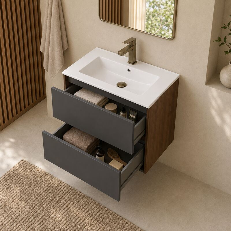 Mobilier suspendat pentru lavoar Fluminia, Genova 60, front și laterale netede, nero mat/rovere moka [2]