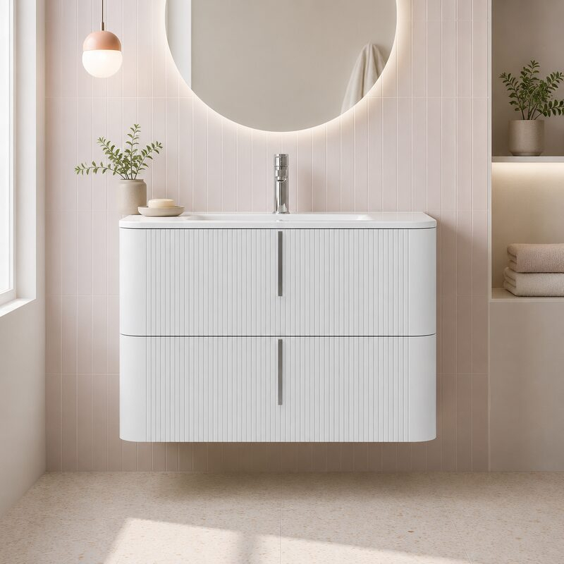 Mobilier suspendat pentru lavoar Fluminia Pisa 80 cm, front riflat, 80 × 46 cm, alb mat, mâner alb mat [2]