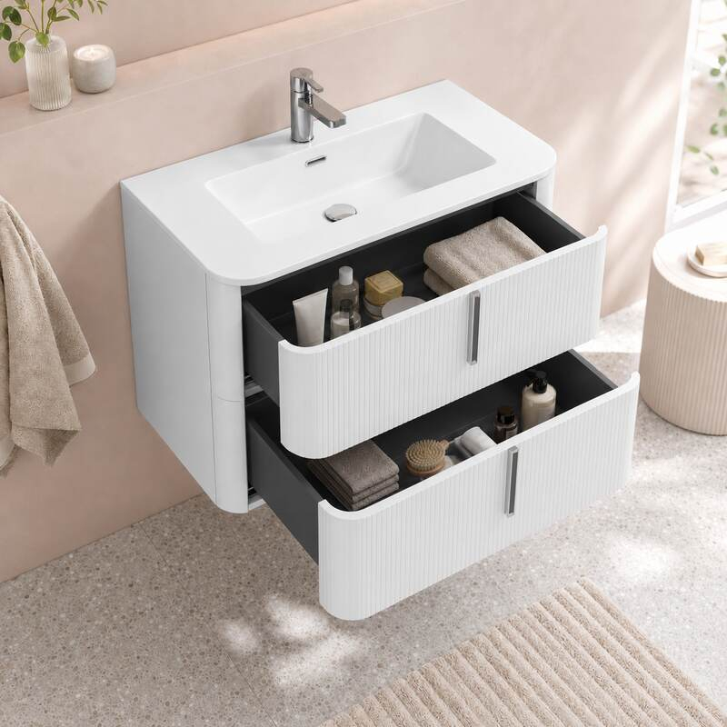 Mobilier suspendat pentru lavoar Fluminia Pisa 80 cm, front riflat, 80 × 46 cm, alb mat, mâner alb mat [3]