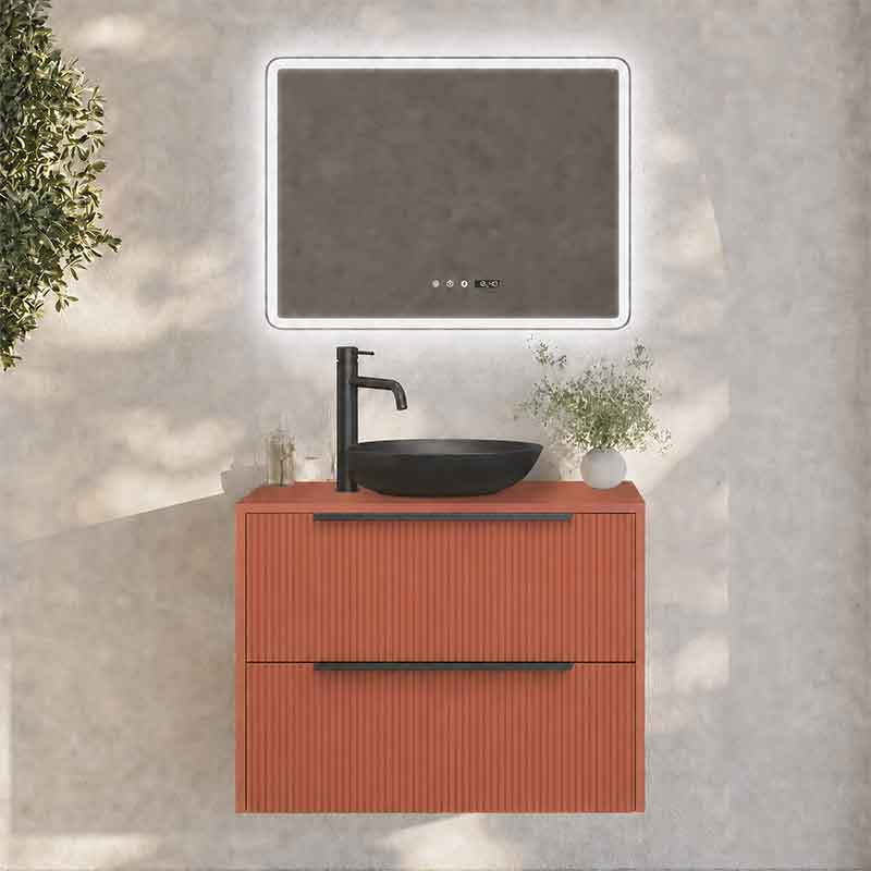 Mobilier suspendat pentru lavoar pe blat Fluminia Istria 80, front riflat, 80 × 46 cm, mattone, mâner negru [2]