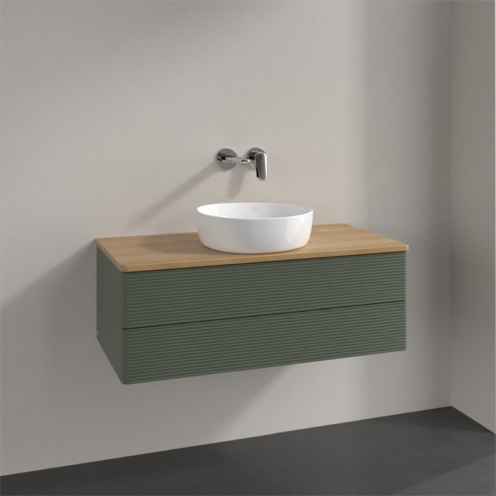 Mobilier suspendat pentru lavoar, Villeroy & Boch, Antao, 100 cm, cu 2 sertare cu iluminare, verde mat/stejar [4]