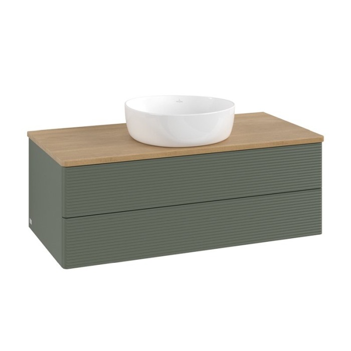 Mobilier suspendat pentru lavoar, Villeroy & Boch, Antao, 100 cm, cu 2 sertare cu iluminare, verde mat/stejar [3]