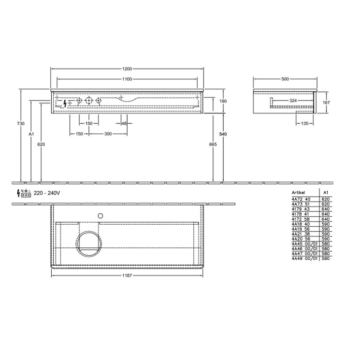 Mobilier suspendat pentru lavoar, Villeroy & Boch, Antao, 120 cm, cu un sertar, crem/stejar [2]