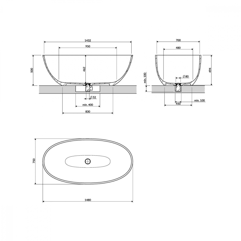 Omnires Shell M+ cadă freestanding 148x75 cm ovală alb SHELL148WWBM [2]