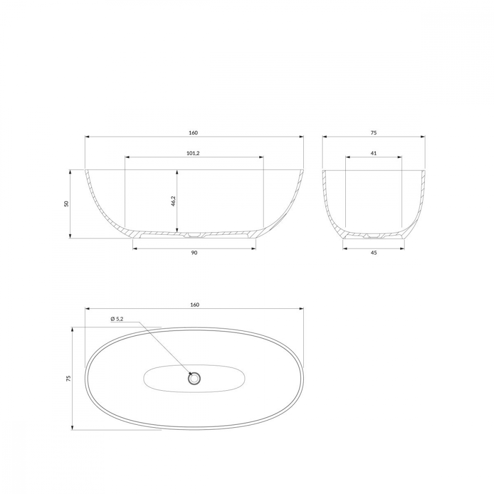 Omnires Shell M+ cadă freestanding 160x75 cm ovală SHELLWWDB [2]