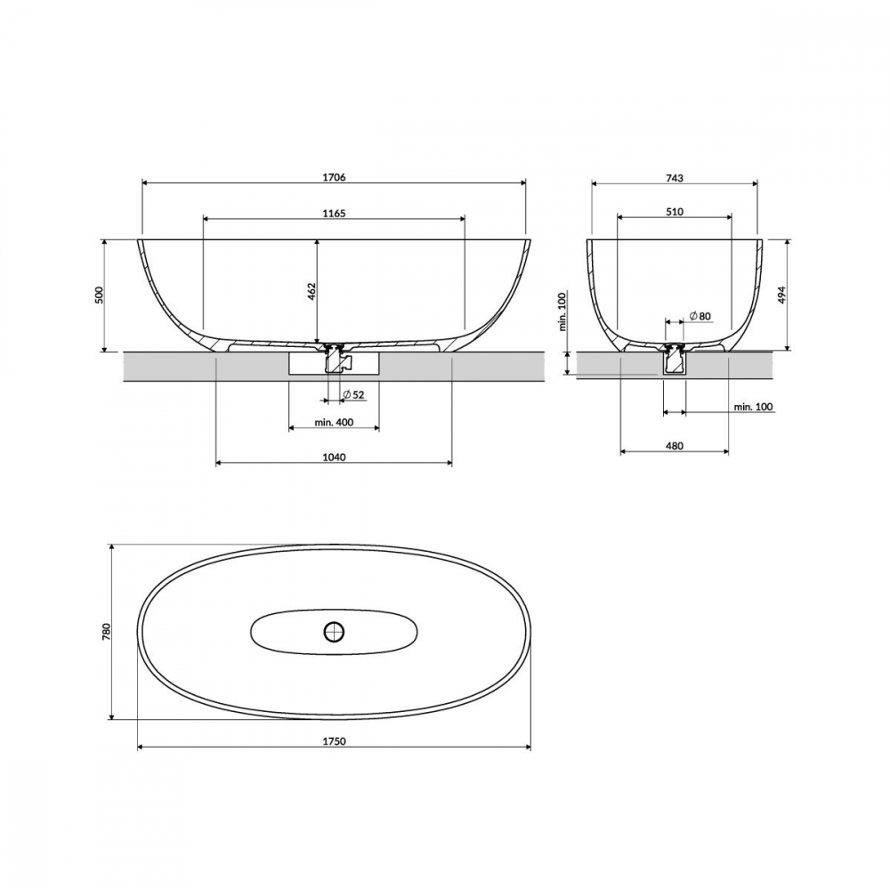 Omnires Shell M+ cadă freestanding 175x78 cm ovală SHELL175WWDB [2]