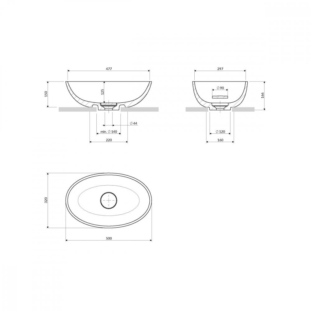 Omnires Shell M+ lavoar 50x32 cm ovale de blat alb SHELL500UNBP [2]