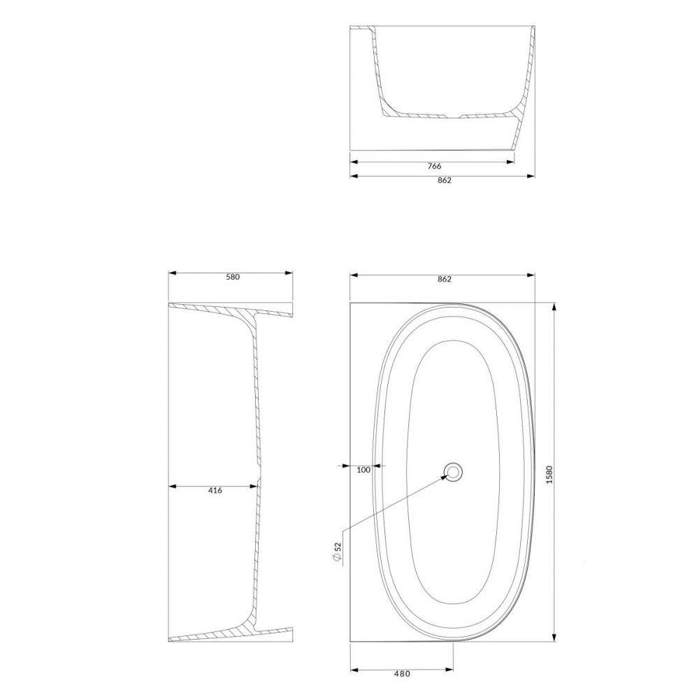 Omnires Valencia M+ cadă de perete 158x86 cm ovală alb VALENCIAWPBP [2]