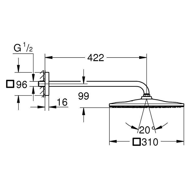 Palarie dus fix Grohe Rainshower Mono 310, 31x31 cm cu brat, montaj pe perete, antracit (hard graphite) [3]