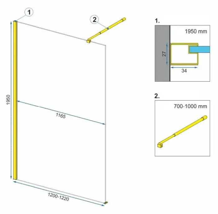 Paravan de dus Aero Auriu Walk In + EVO N 120cm, Rea [5]