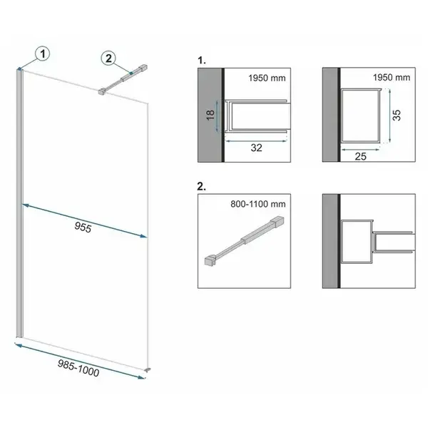 Paravan de dus tip Walk-in Rea Aero 100x195 cm si etajera cu suport negru [2]
