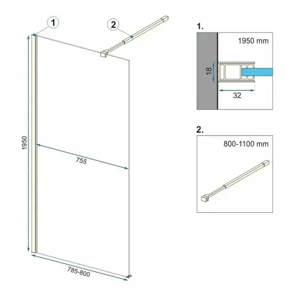 Paravan de dus tip Walk-in Rea Aero 80x195 cm si etajera cu suport negru [2]