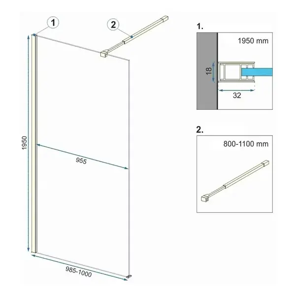 Paravan de dus tip Walk-in Rea Aero N 100x195 cm si etajera cu suport auriu [2]