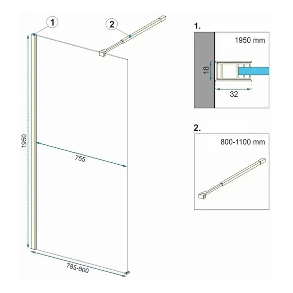 Paravan de dus tip Walk-in Rea Aero N 80x195 cm si etajera cu suport auriu [2]