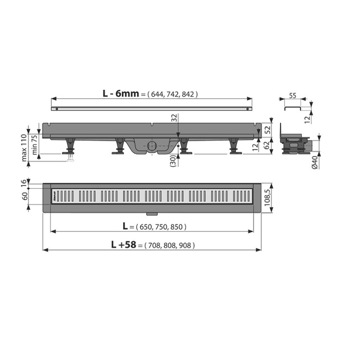 Rigola de dus, Alcadrain, Wall, cu gratar, 85 cm [2]