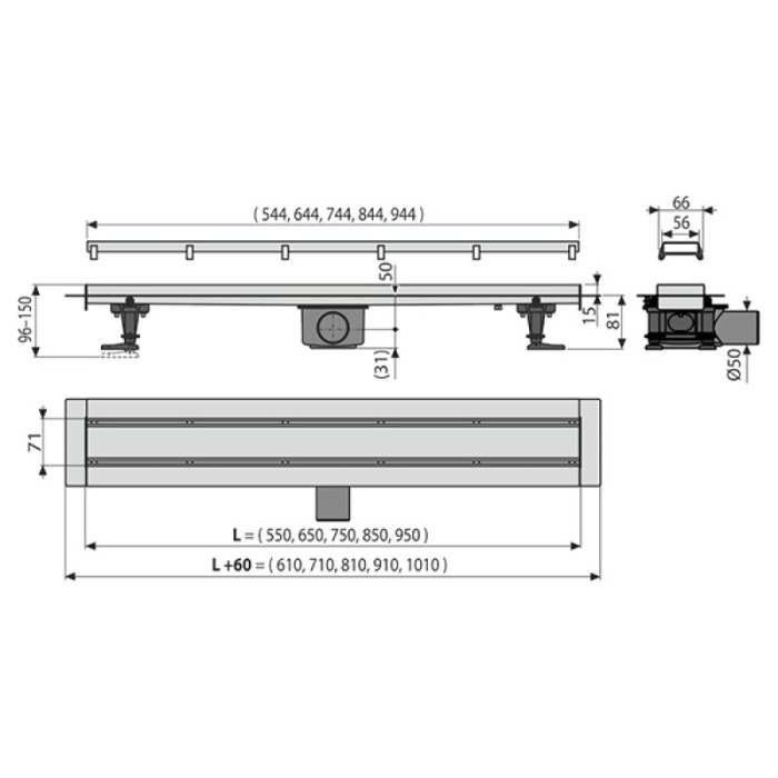 Rigola pentru dus cu capac faiantabil, Alcadrain, APZ13-DOUBLE9 FIT AND GO, 85 cm [2]