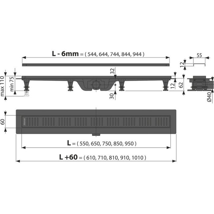 Rigola pentru dus neagra Alcaplast, Simple, 550mm [2]