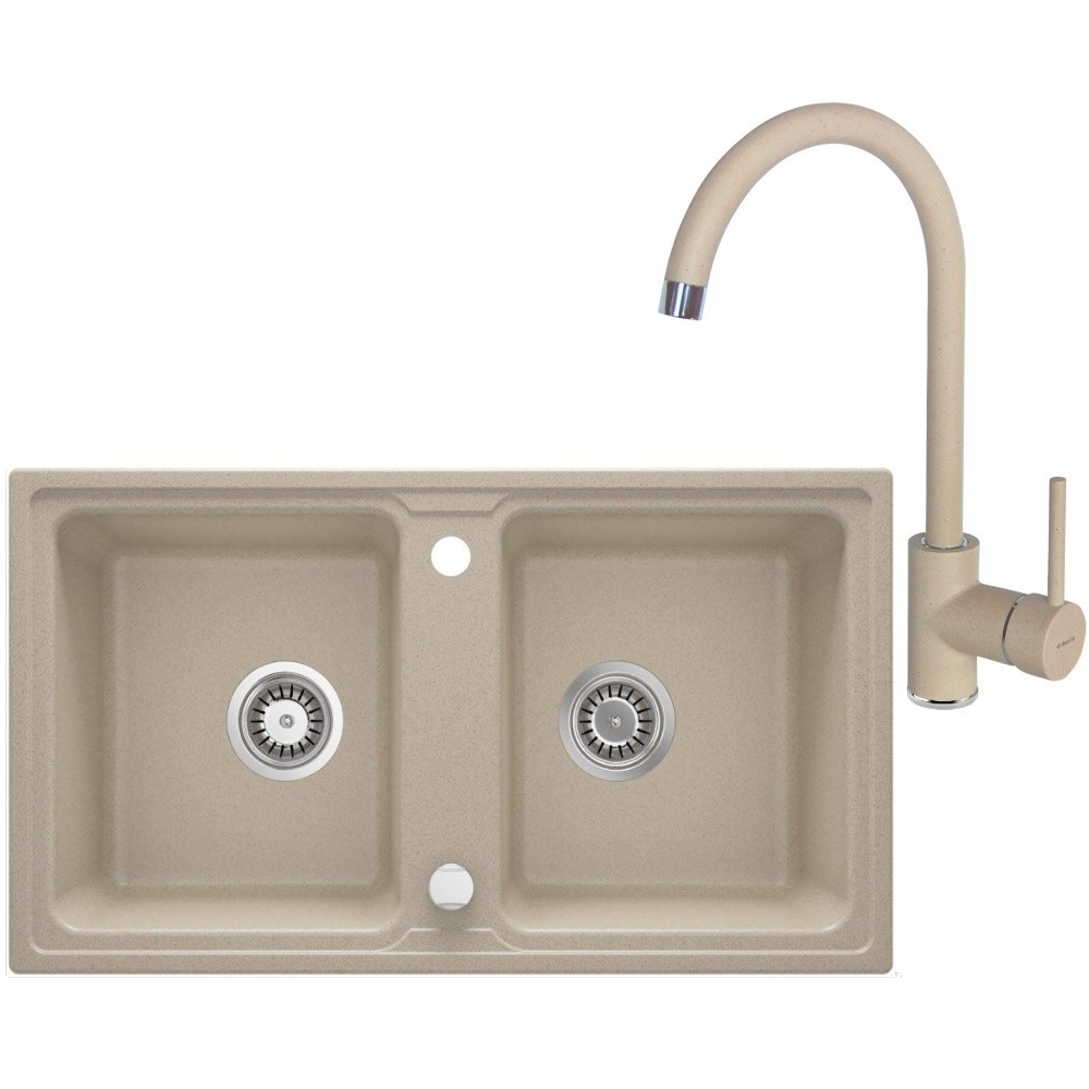 Set chiuveta bucatarie 2 cuve si baterie Deante Zorba finisaj bej 78x44cm [1]
