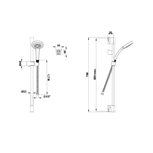 Set de dus cu bara 70 cm Gala 1F crom lucios para cu 1 functie [2]