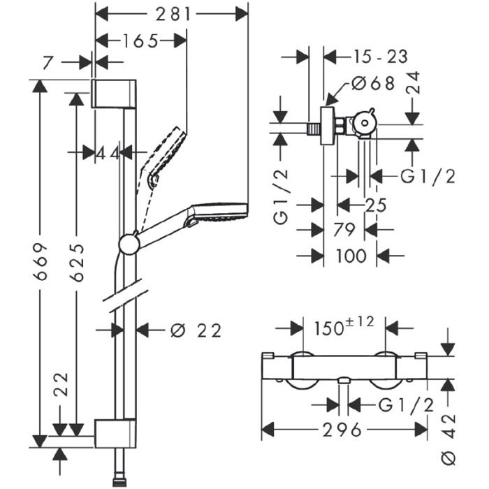 Set de dus cu bara de dus 65 cm, Hansgrohe, Crometta, baterie de dus Ecostat 1001 CL, crom [2]