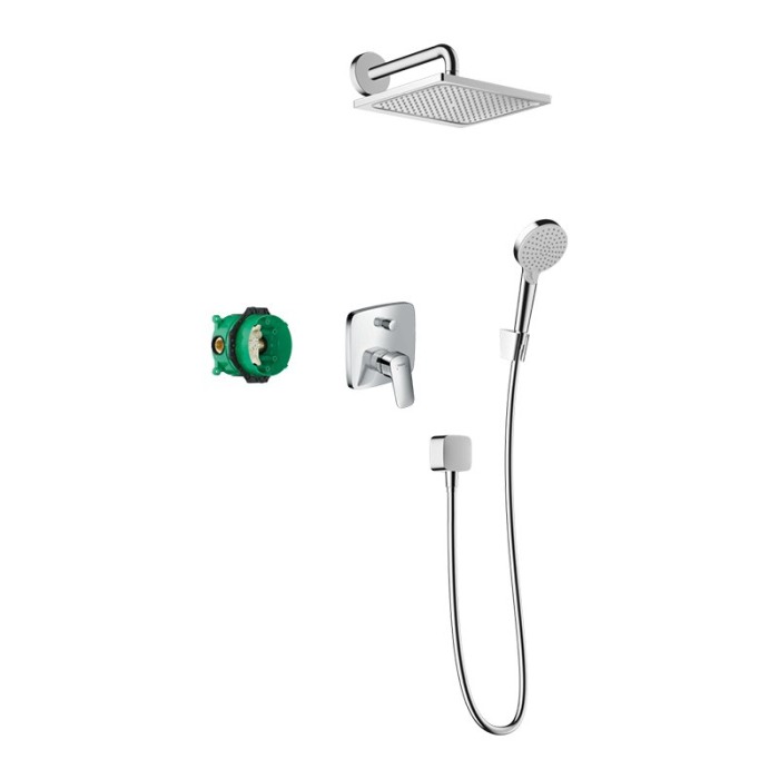 Set de duș, Hansgrohe, Crometta E 240, cu baterie incastrată, pară 2 jeturi, suport pară, furtun, pălărie 1 jet, crom [1]