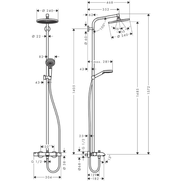 Set de dus Hansgrohe, Crometta S, cu baterie de cada termostatata, crom [2]