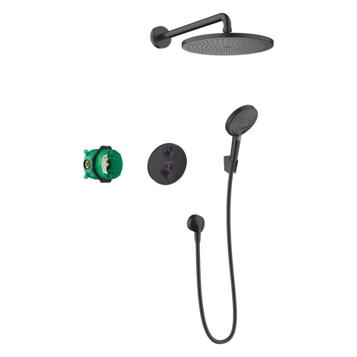 Set de dus incastrat, Hansgrohe, Croma 280 1 jet, cu baterie termostatata Ecostat S, cu palarie si para de dus, negru mat [1]