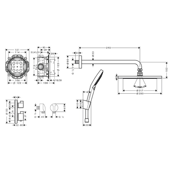 Set de dus incastrat, Hansgrohe, Croma 280 1 jet, cu baterie termostatata Ecostat S, cu palarie si para de dus, negru mat [2]