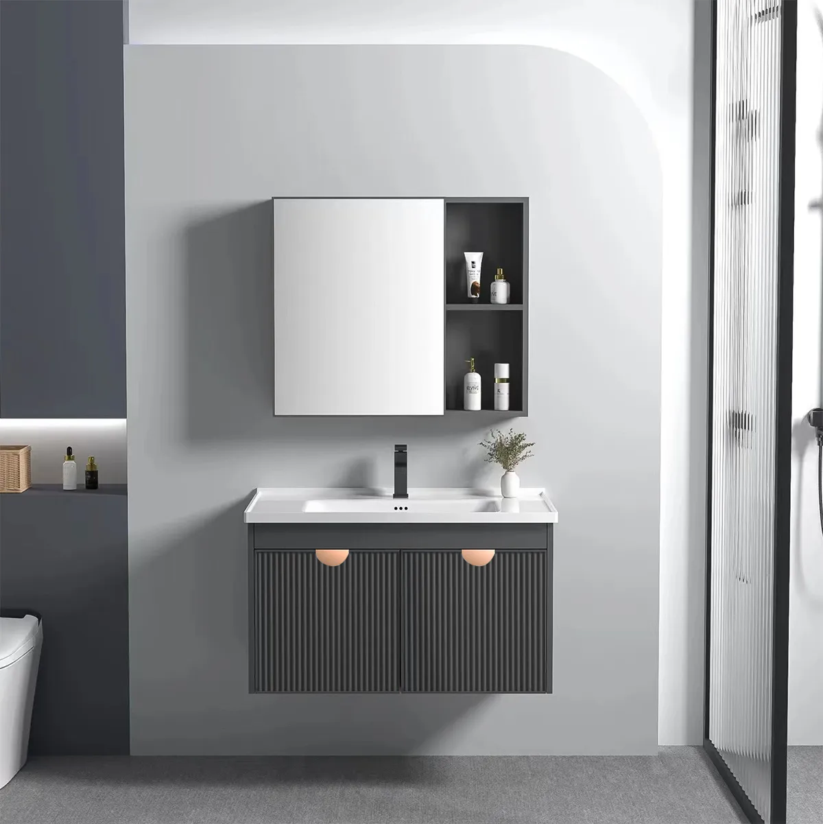 Set mobilier de baie cu lavoar Mario 60 cm Gri [2]