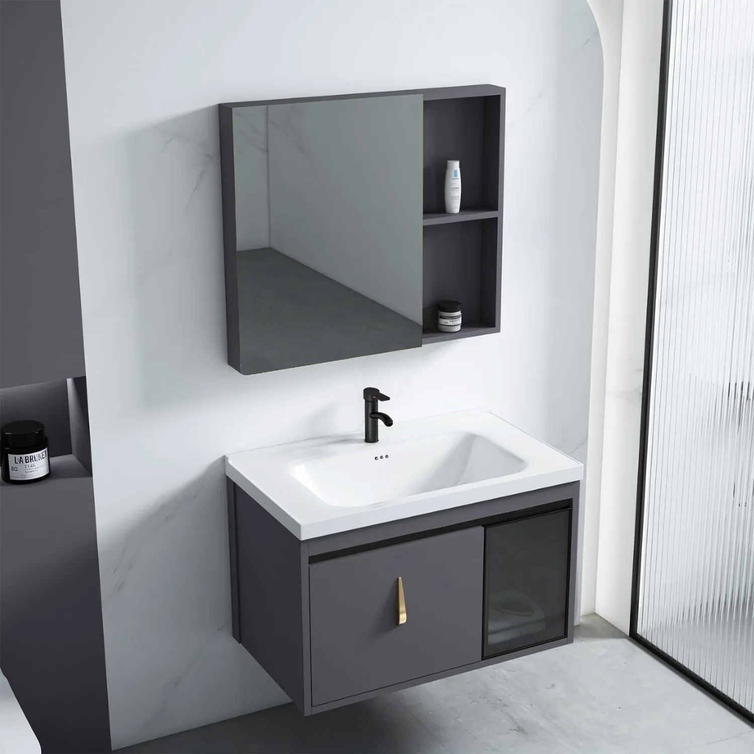 Set mobilier de baie cu lavoar Paris 60cm Gri [2]