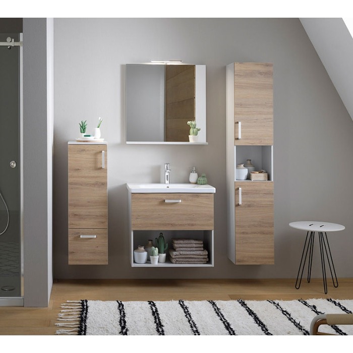 Set mobilier suspendat si lavoar Kolpasan, Evelin, 65 cm, front stejar si laterale gri [5]