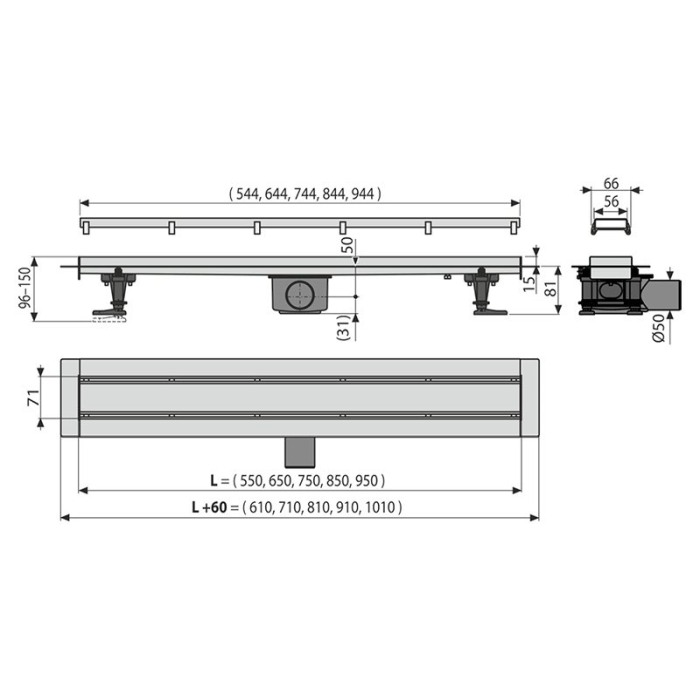 Set rigola de dus cu capac faiantabil, AlcaPlast, APZ13-DOUBLE9 FIT AND GO 95 cm [2]