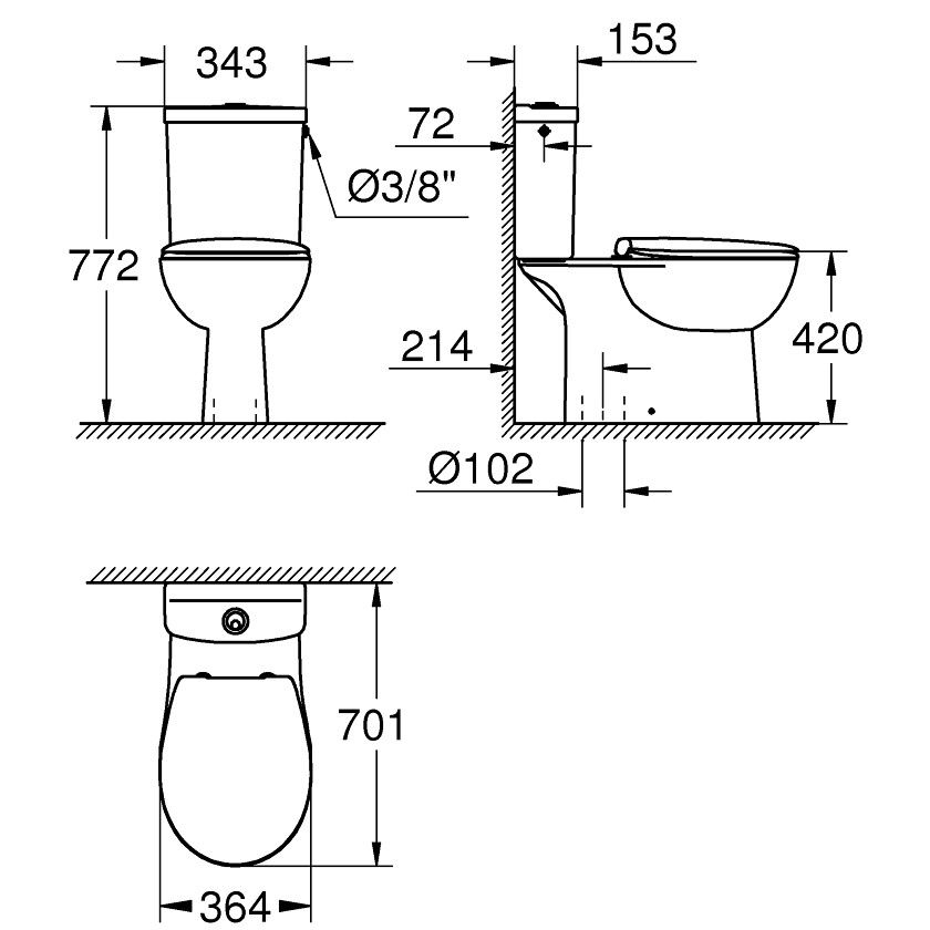 Set Vas WC pe pardoseala cu rezervor aparent si capac soft close Grohe Bau Ceramic Rimless 36x70 cm evacuare verticala [4]