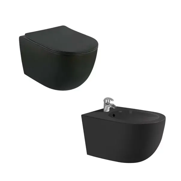 Set vas wc rimless cu capac softclose si bideu Fluminia Minerva negru mat [1]
