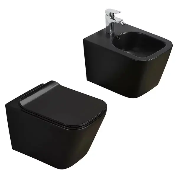 Set vas wc rimless suspendat Fluminia Paris cu capac softclose negru mat + bideu suspendat Fluminia Paris negru mat [1]