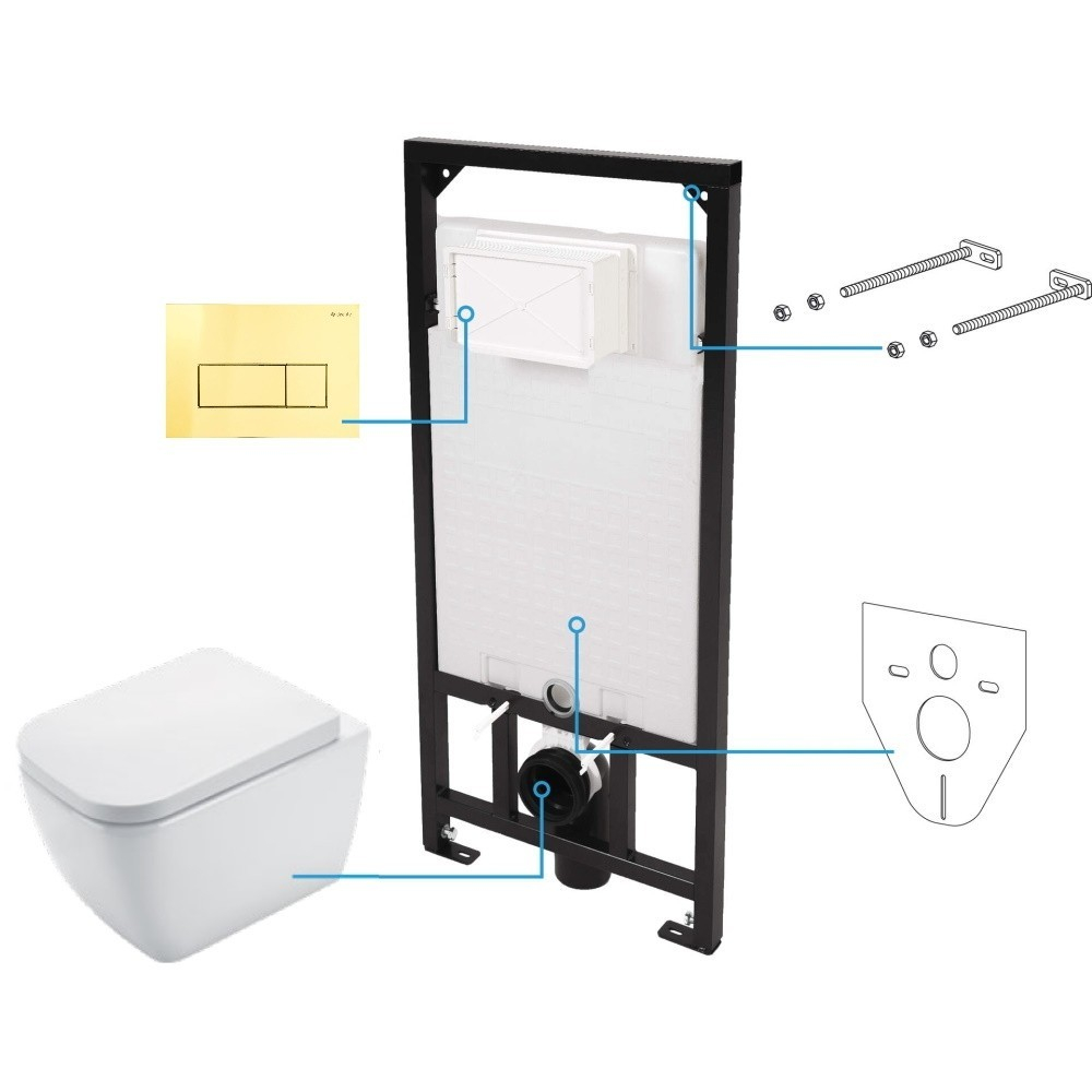 Set vas wc suspendat cu capac Deante Hiacynt New rimless, rezervor incastrat si clapeta actionare Slim auriu [1]