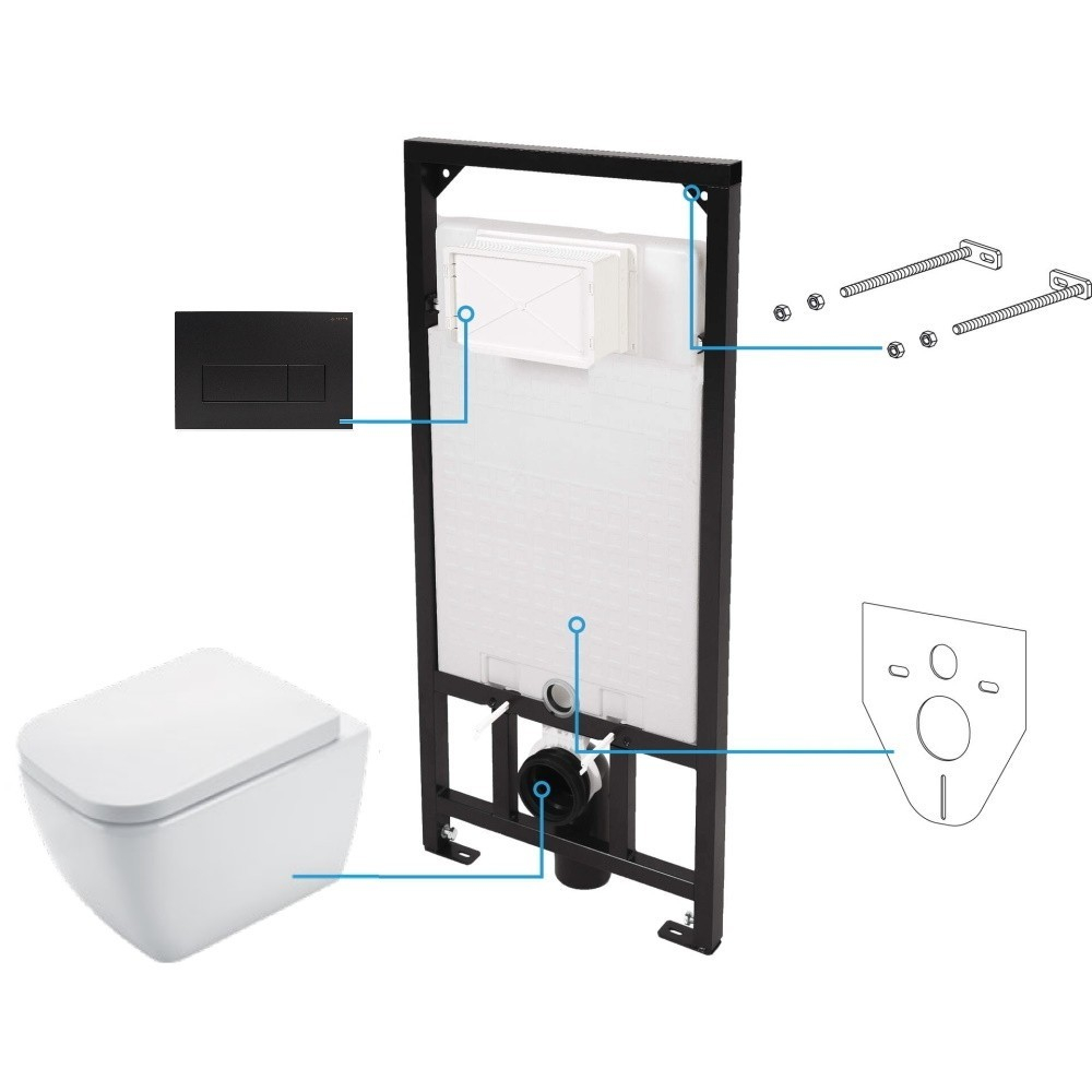Set vas wc suspendat cu capac Deante Hiacynt New rimless, rezervor incastrat si clapeta actionare Slim negru [1]