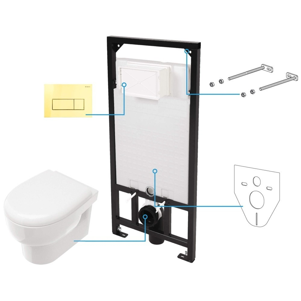 Set Vas WC suspendat cu rezervor incastrat, capac soft close si clapeta de actionare aurie Deante Avis Rimless 35x50 cm evacuare orizontala [1]