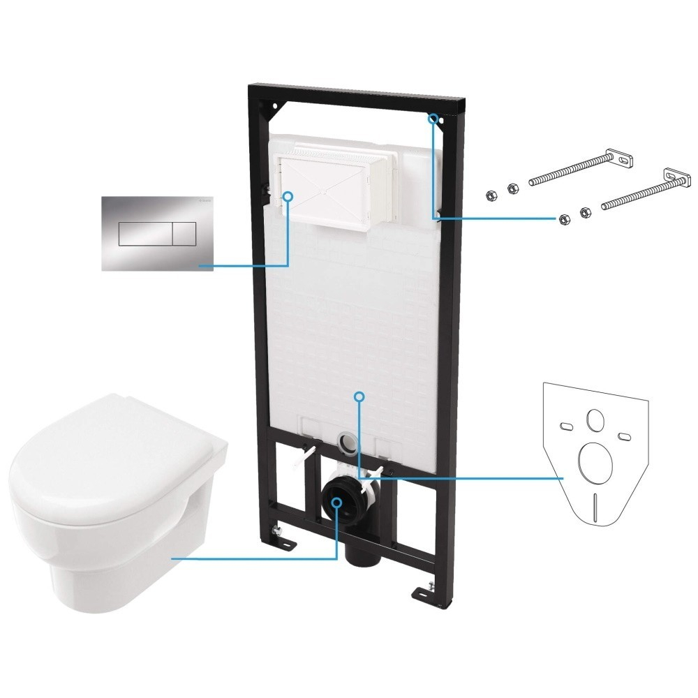 Set Vas WC suspendat cu rezervor incastrat, capac soft close si clapeta de actionare crom Deante Avis Rimless 35x50 cm evacuare orizontala [1]