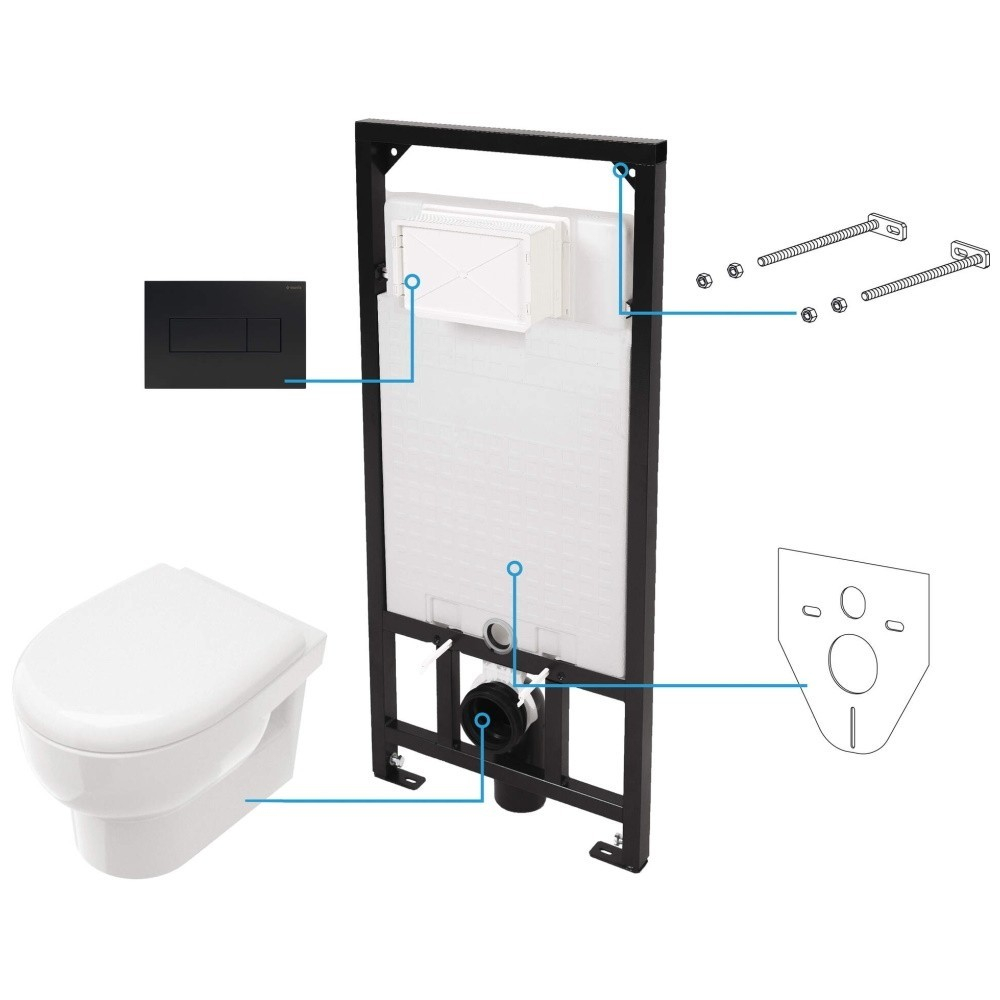 Set Vas WC suspendat cu rezervor incastrat, capac soft close si clapeta de actionare neagra Deante Avis Rimless 35x50 cm evacuare orizontala [1]