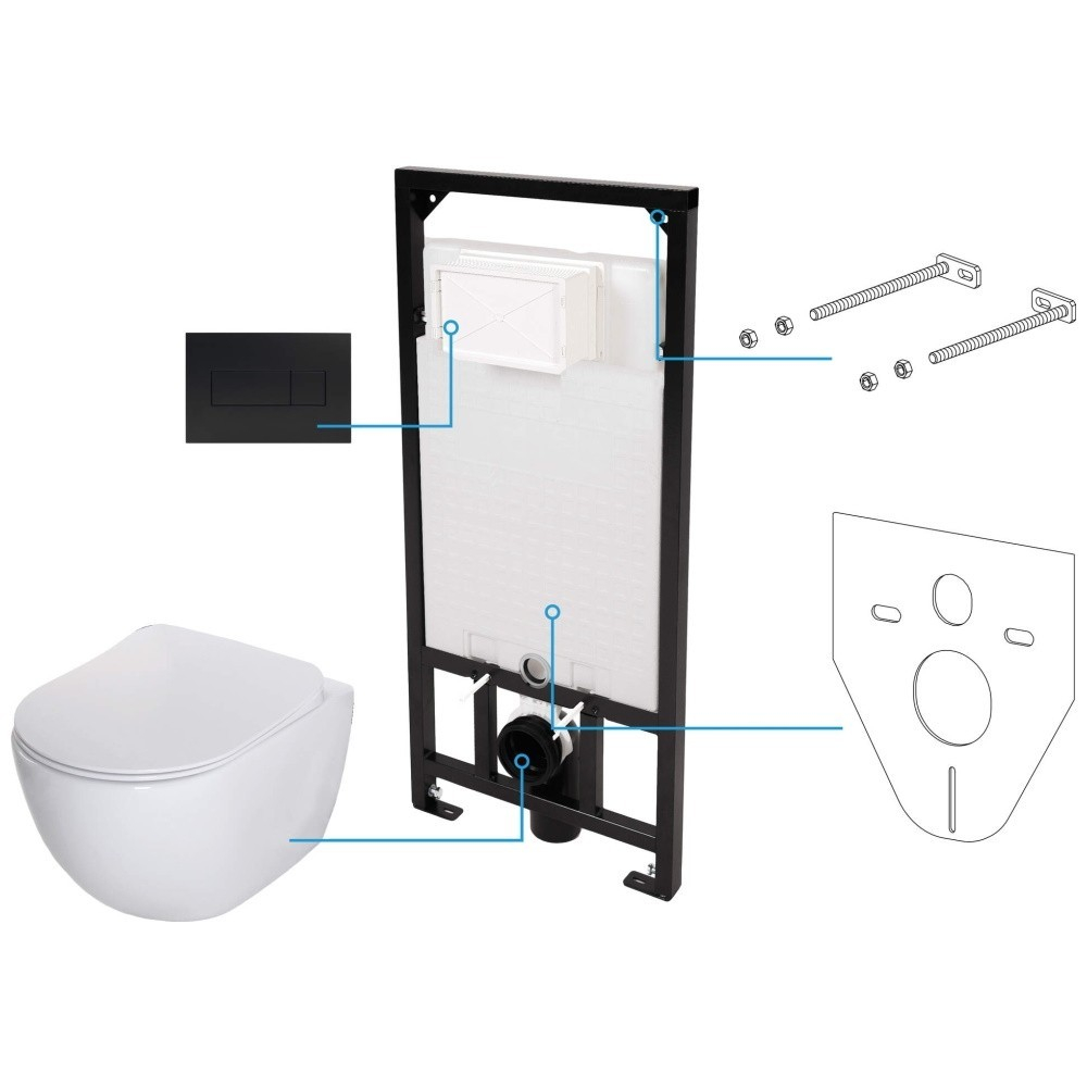 Set vas WC suspendat Deante Peonia Zero alb cu cadru de toaleta, rezervor ascuns si buton de actiune negru [1]
