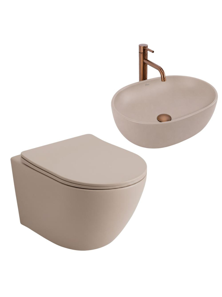 Set vas WC suspendat Rimless Tornado lavoar pe blat Rea Focus Taupe mat 485x360x320 mm [10]